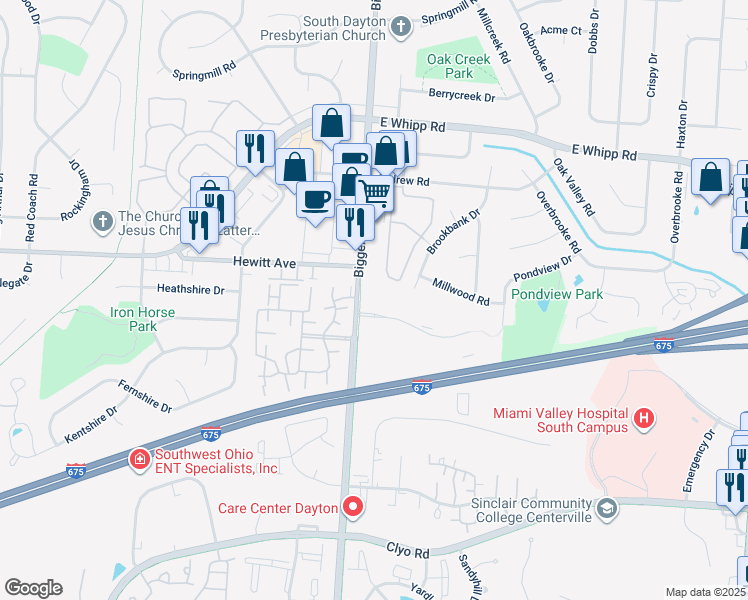 map of restaurants, bars, coffee shops, grocery stores, and more near 8283 Piper Lane in Dayton