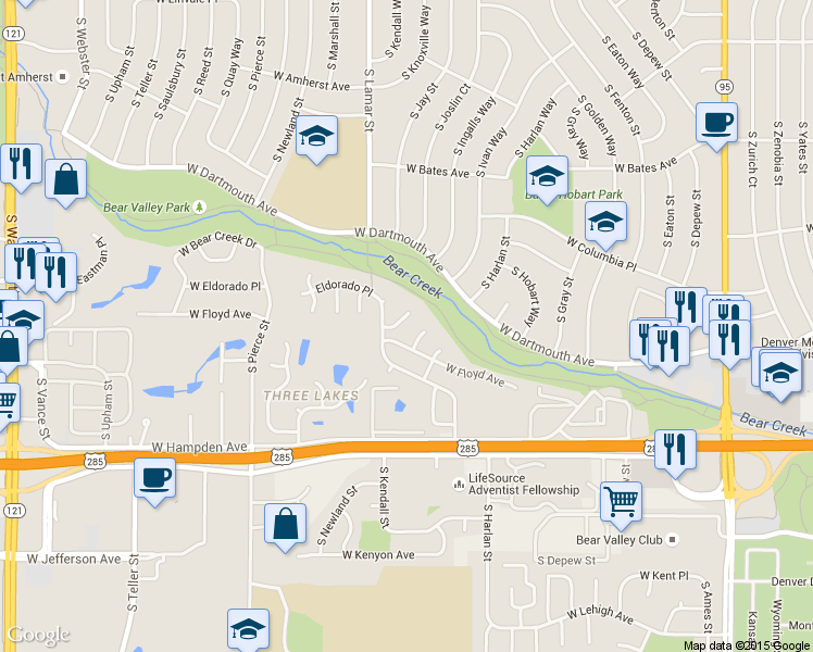 map of restaurants, bars, coffee shops, grocery stores, and more near 6264 West Flora Place in Denver