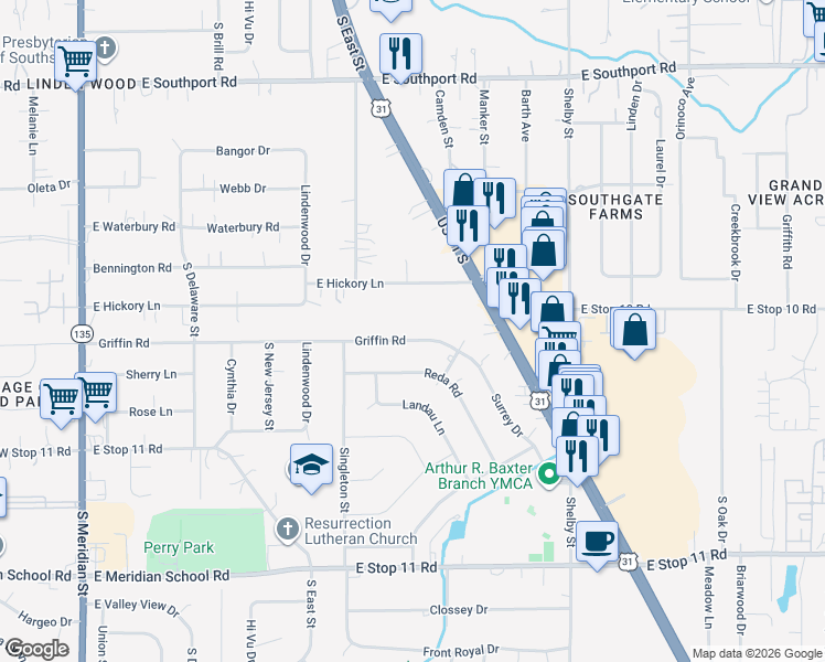 map of restaurants, bars, coffee shops, grocery stores, and more near 714 Griffin Road in Indianapolis