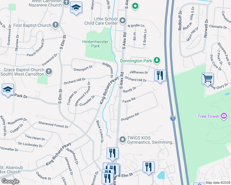 map of restaurants, bars, coffee shops, grocery stores, and more near 1591 Longbow Lane in Dayton