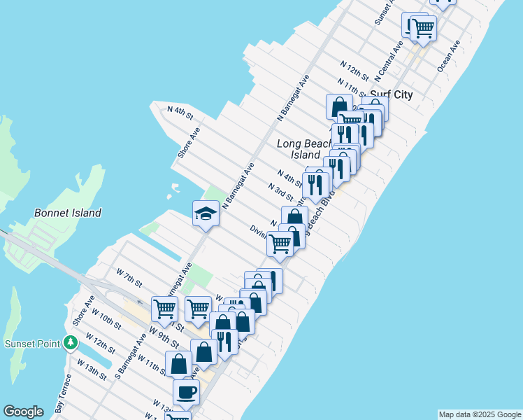 map of restaurants, bars, coffee shops, grocery stores, and more near 249 N 1st St in Surf City