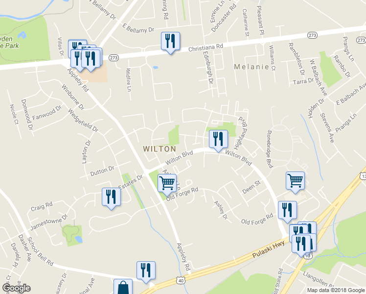 map of restaurants, bars, coffee shops, grocery stores, and more near 37 Darien Court in New Castle