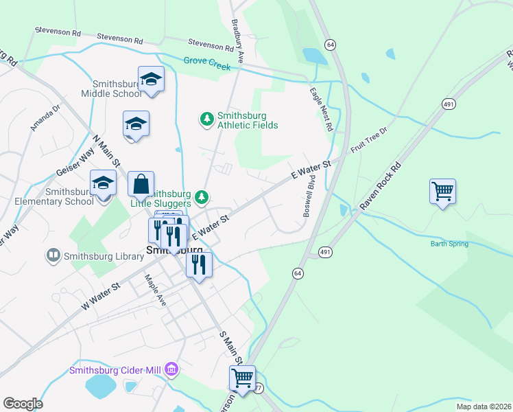 map of restaurants, bars, coffee shops, grocery stores, and more near 56 East Water Street in Smithsburg