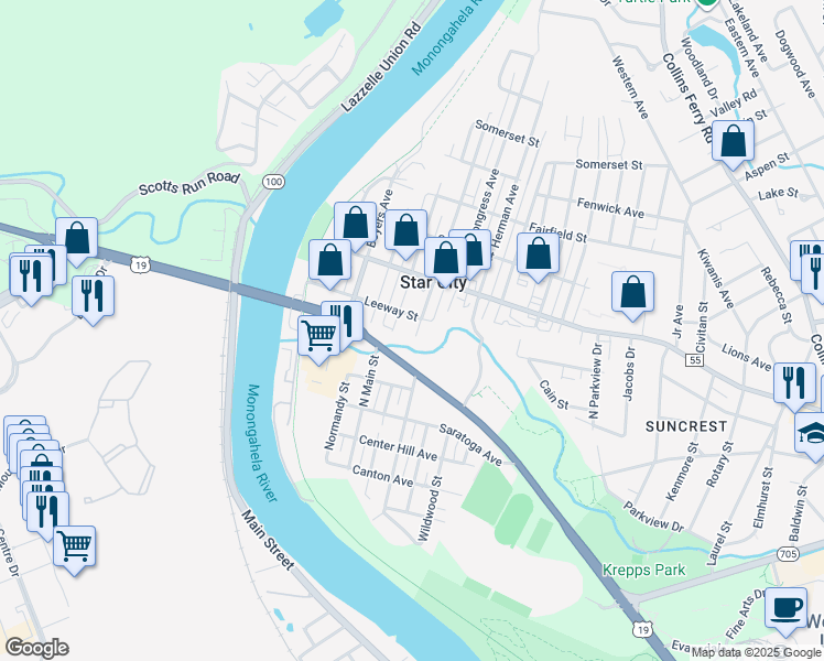 map of restaurants, bars, coffee shops, grocery stores, and more near 339 Broadway Avenue in Morgantown