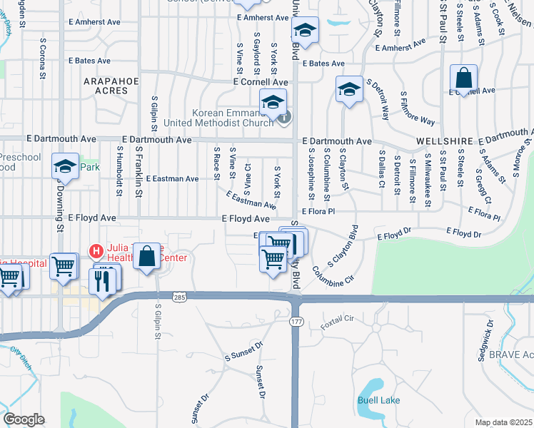 map of restaurants, bars, coffee shops, grocery stores, and more near 2261 East Floyd Avenue in Englewood