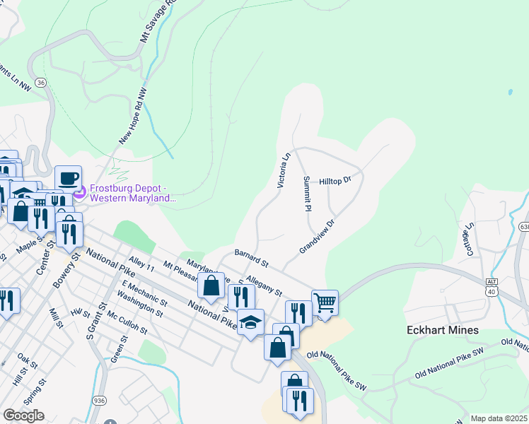 map of restaurants, bars, coffee shops, grocery stores, and more near 72 Victoria Lane in Frostburg