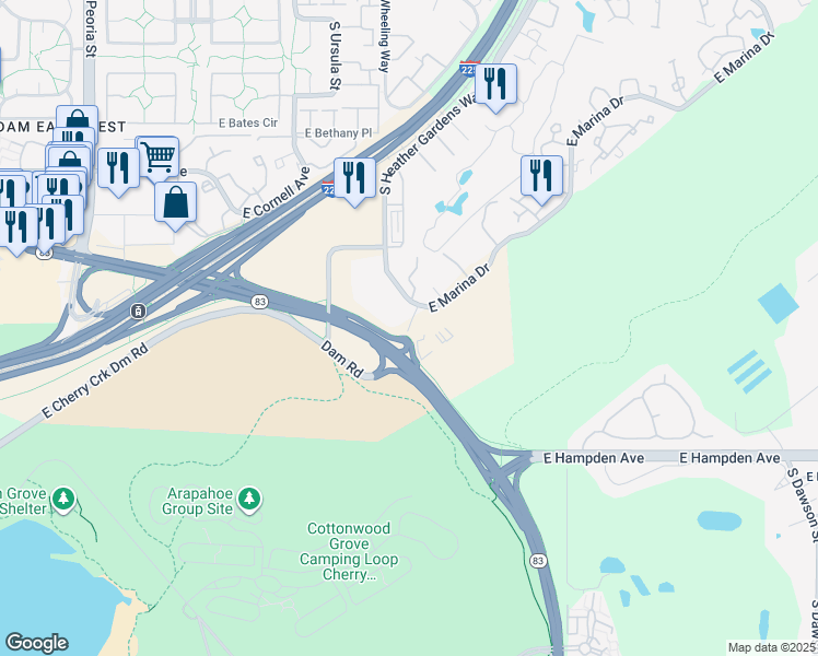 map of restaurants, bars, coffee shops, grocery stores, and more near 3399 Wheeling Street in Aurora
