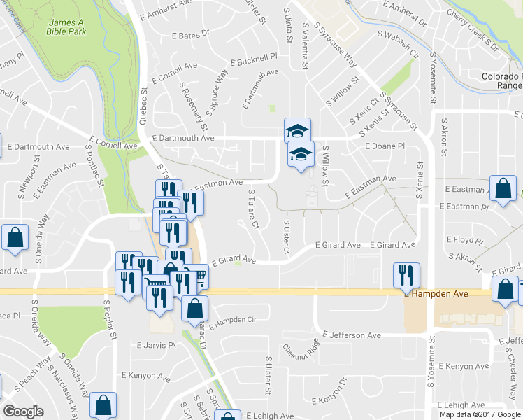 map of restaurants, bars, coffee shops, grocery stores, and more near 3273 South Tulare Circle in Denver