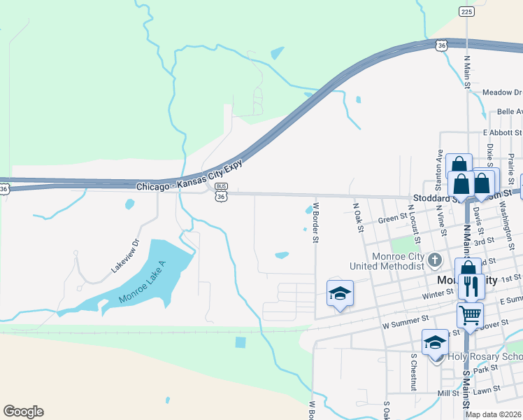 map of restaurants, bars, coffee shops, grocery stores, and more near 3 Four D Drive in Monroe City
