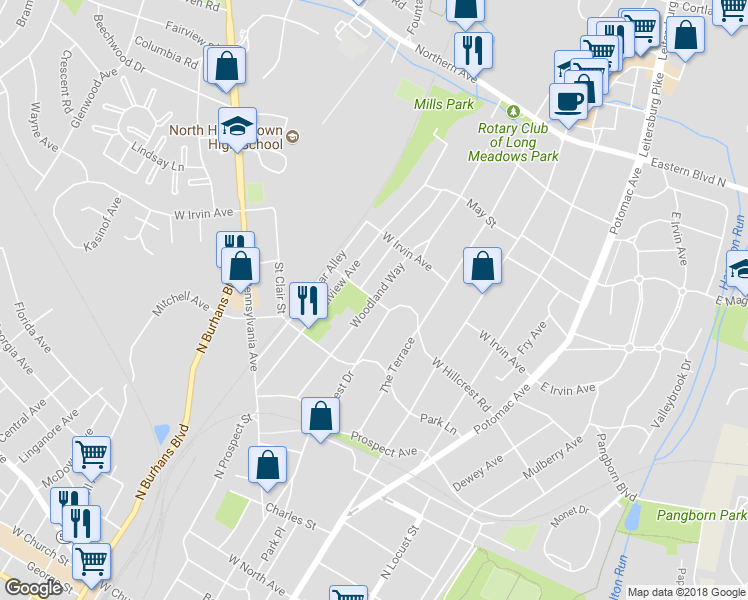 map of restaurants, bars, coffee shops, grocery stores, and more near 998 Woodland Way in Hagerstown