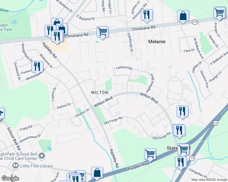 map of restaurants, bars, coffee shops, grocery stores, and more near 37 Darien Court in New Castle