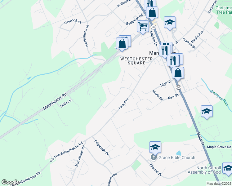 map of restaurants, bars, coffee shops, grocery stores, and more near 2818 Brougham Court in Manchester