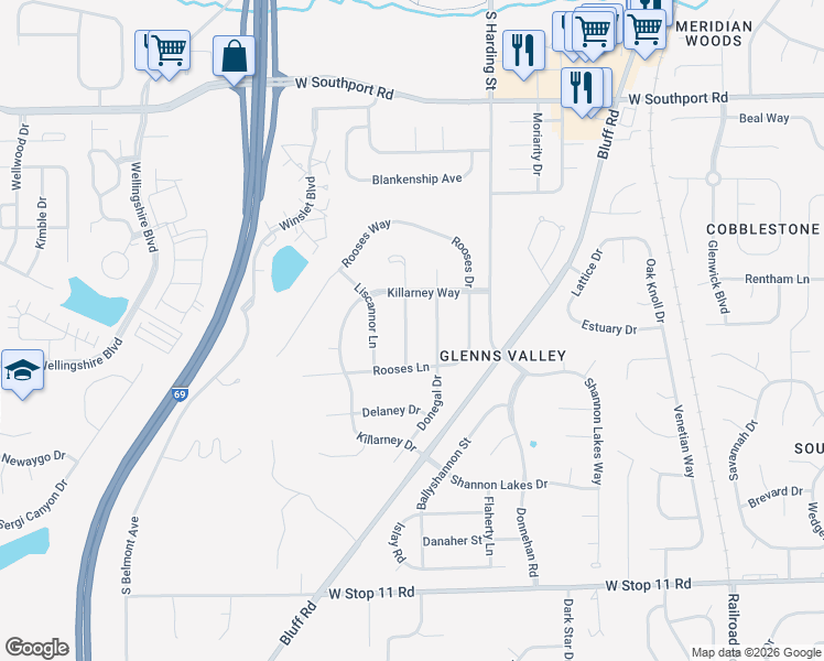 map of restaurants, bars, coffee shops, grocery stores, and more near 7439 Monaghan Lane in Indianapolis
