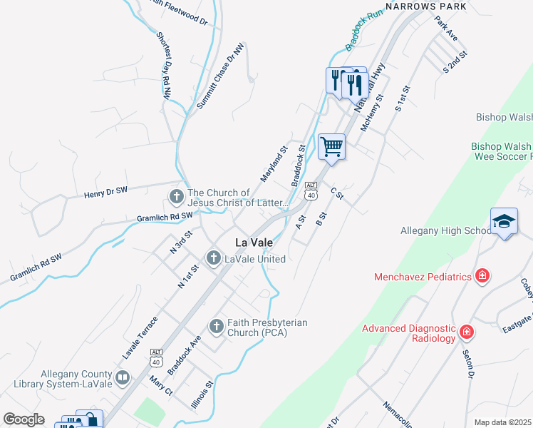 map of restaurants, bars, coffee shops, grocery stores, and more near 525 National Highway in Cumberland