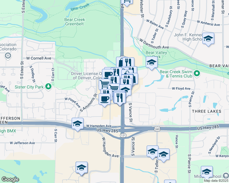 map of restaurants, bars, coffee shops, grocery stores, and more near 3255 South Wadsworth Boulevard in Lakewood