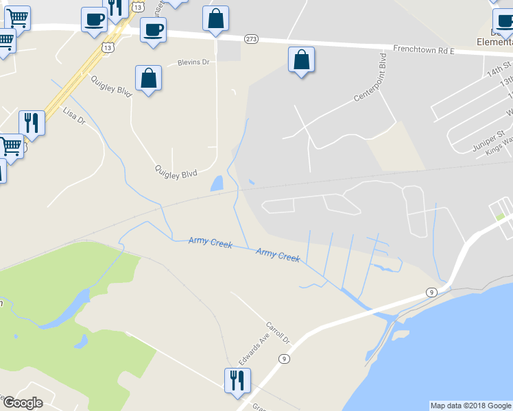 map of restaurants, bars, coffee shops, grocery stores, and more near 588 Arrowgrass Lane in New Castle