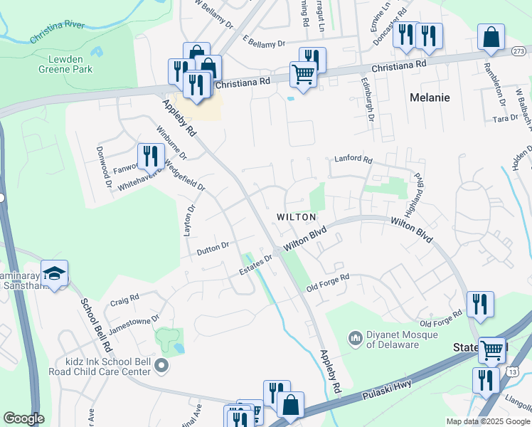 map of restaurants, bars, coffee shops, grocery stores, and more near 8 Carleton Court in New Castle