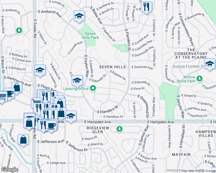 map of restaurants, bars, coffee shops, grocery stores, and more near 3297 South Ensenada Way in Aurora
