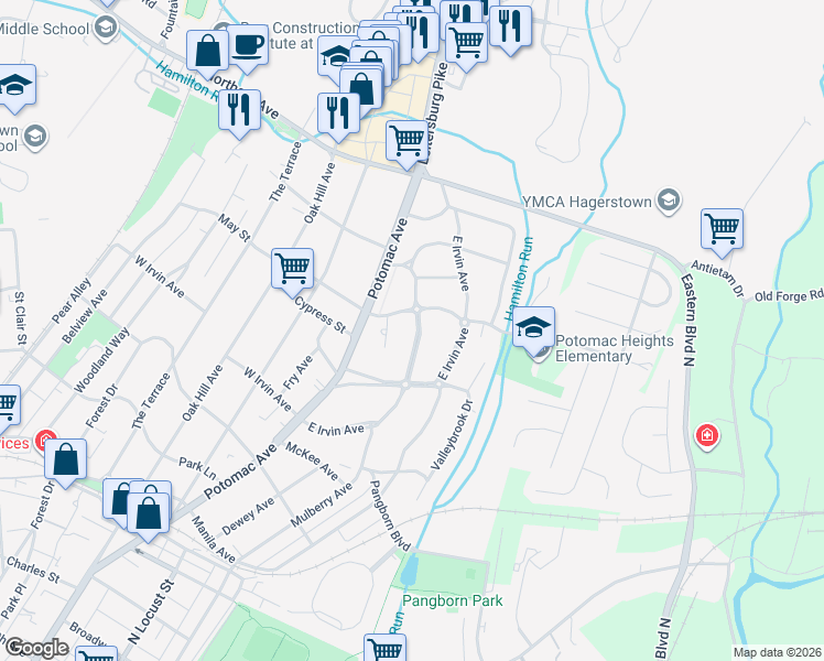 map of restaurants, bars, coffee shops, grocery stores, and more near 237 Mealey Parkway in Hagerstown