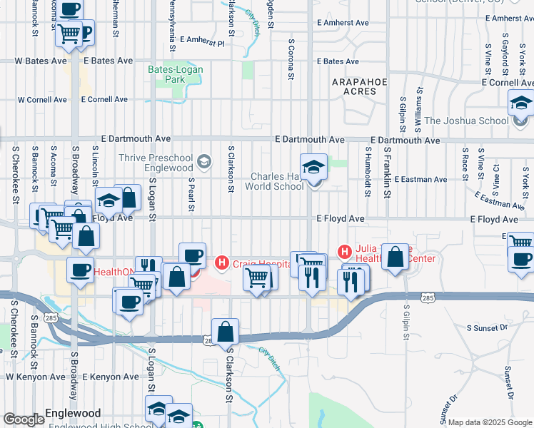 map of restaurants, bars, coffee shops, grocery stores, and more near 3285 South Ogden Street in Englewood