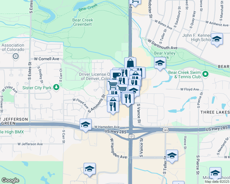 map of restaurants, bars, coffee shops, grocery stores, and more near 3265 South Wadsworth Boulevard in Lakewood
