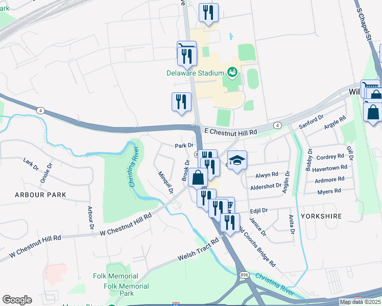 map of restaurants, bars, coffee shops, grocery stores, and more near 700 Brook Drive in Newark