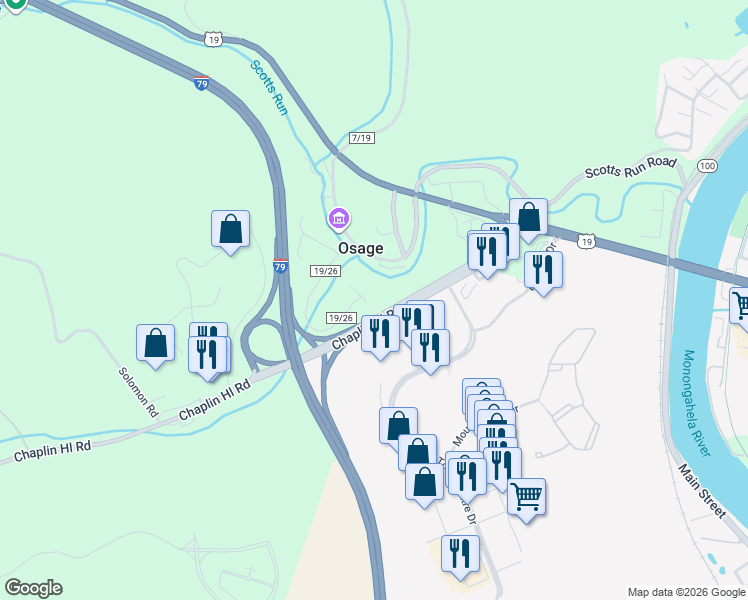 map of restaurants, bars, coffee shops, grocery stores, and more near 162 Number Three Hill in Osage
