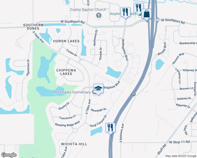 map of restaurants, bars, coffee shops, grocery stores, and more near 2631 Big Bear Lane in Indianapolis