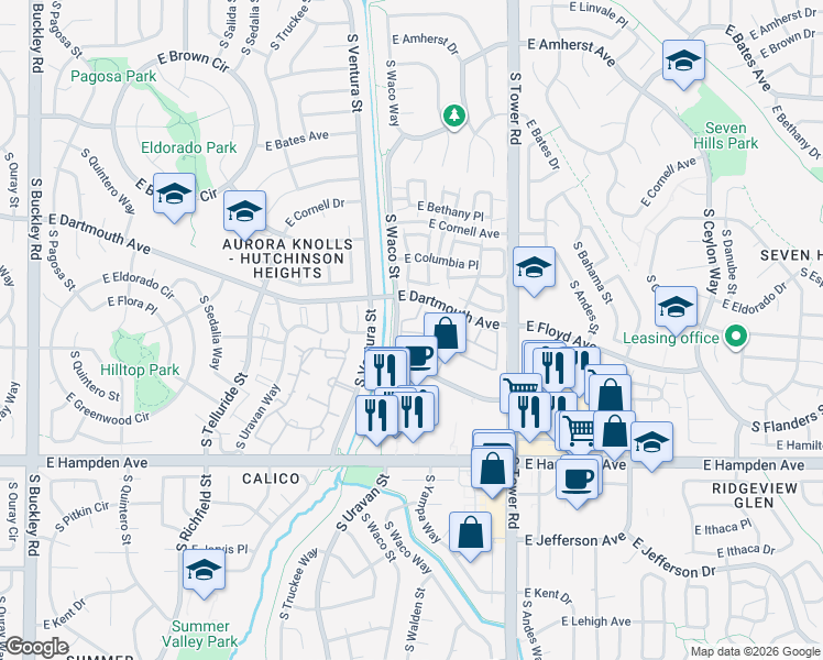 map of restaurants, bars, coffee shops, grocery stores, and more near 18151 East Flora Place in Aurora