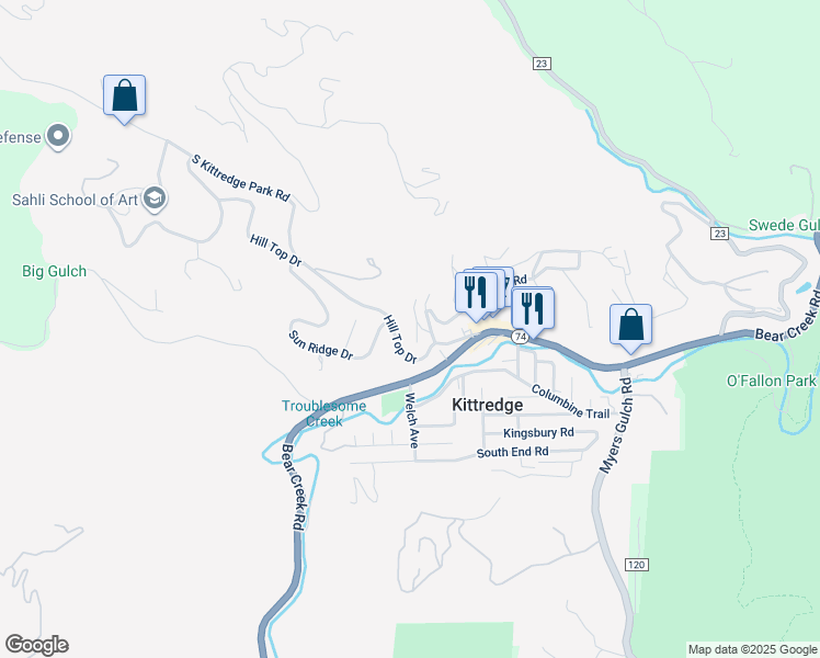 map of restaurants, bars, coffee shops, grocery stores, and more near 3367 B Russell Gulch Road in Evergreen