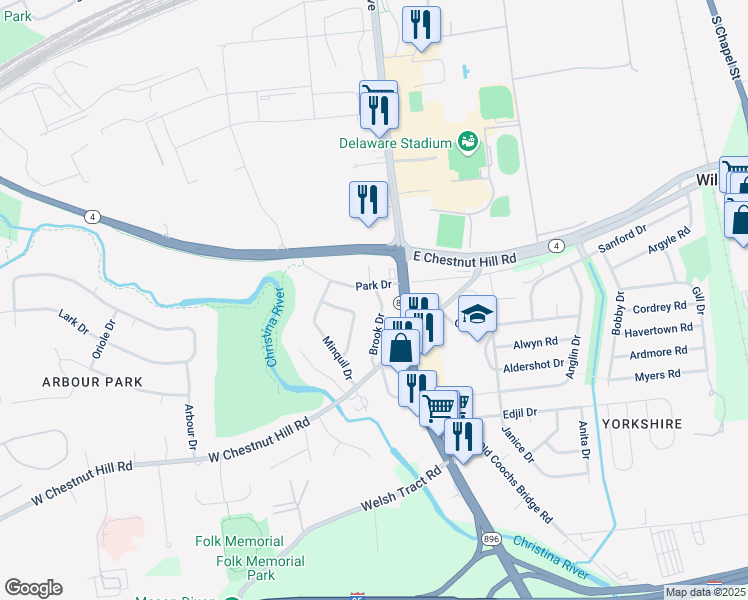 map of restaurants, bars, coffee shops, grocery stores, and more near 700 Brook Drive in Newark
