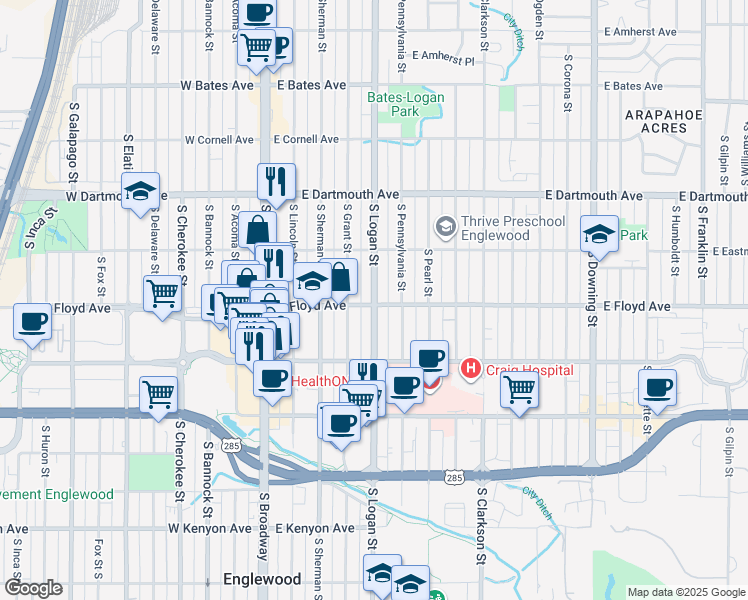 map of restaurants, bars, coffee shops, grocery stores, and more near 3291 South Logan Street in Englewood
