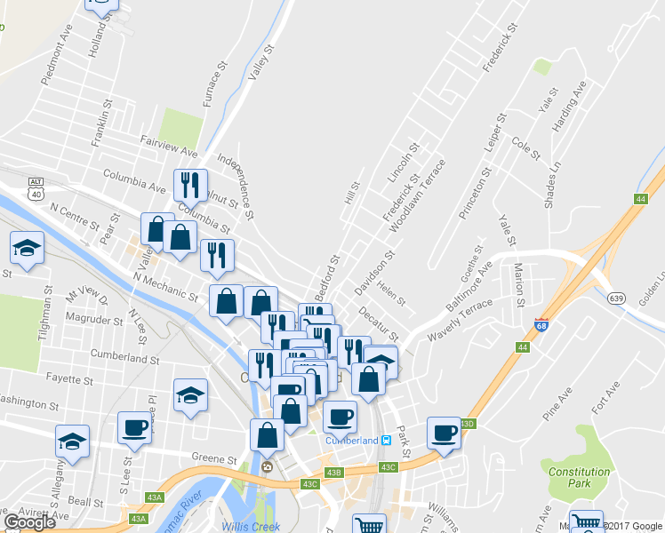 map of restaurants, bars, coffee shops, grocery stores, and more near 326 Bedford Street in Cumberland