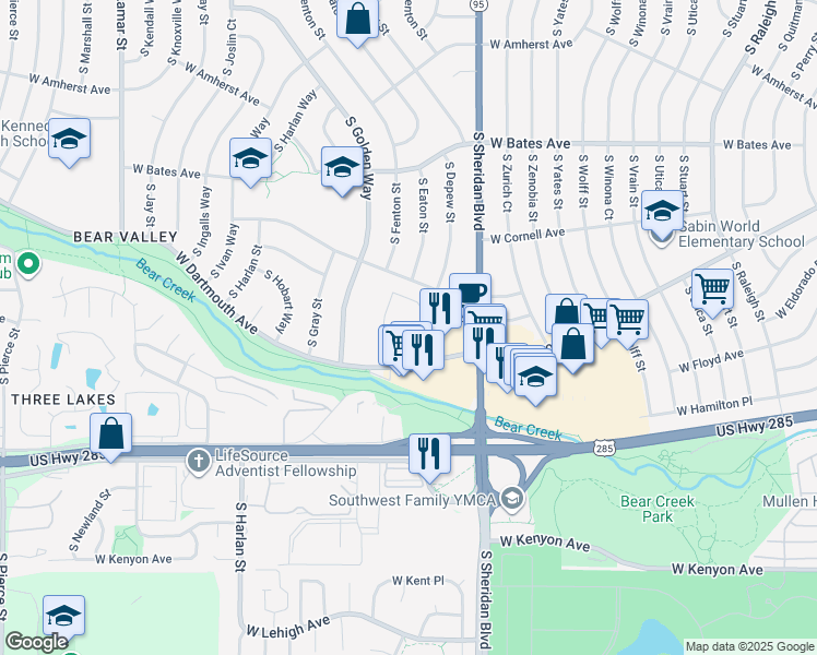 map of restaurants, bars, coffee shops, grocery stores, and more near 5775 West Dartmouth Avenue in Denver