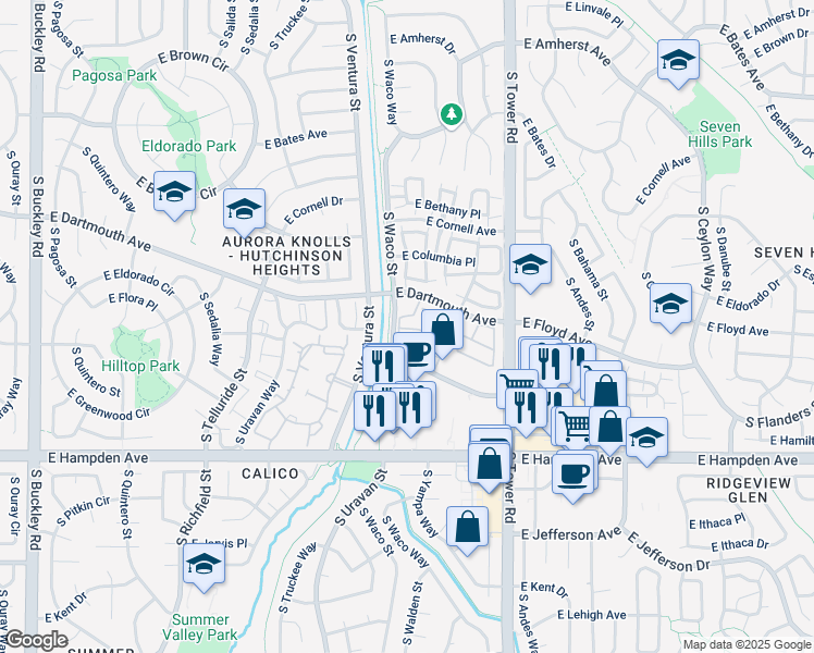 map of restaurants, bars, coffee shops, grocery stores, and more near 18151 East Flora Place in Aurora