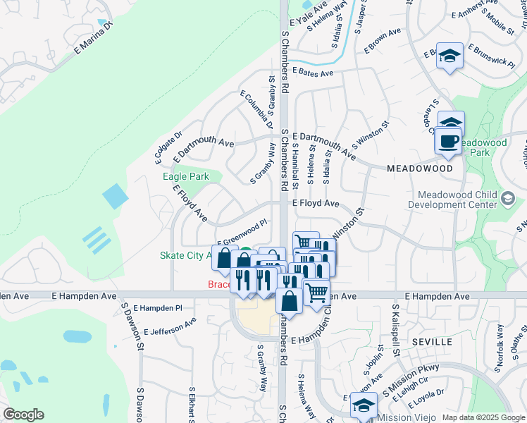 map of restaurants, bars, coffee shops, grocery stores, and more near 15198 East Floyd Avenue in Aurora