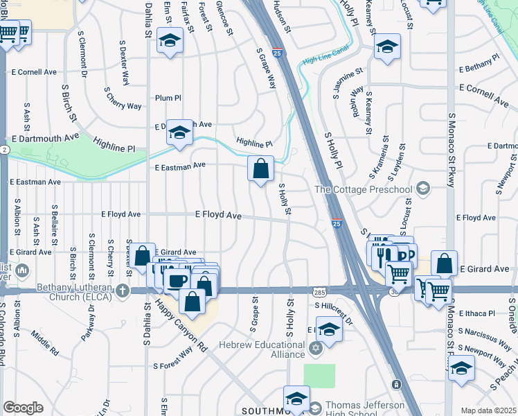 map of restaurants, bars, coffee shops, grocery stores, and more near 3274 South Glencoe Street in Denver
