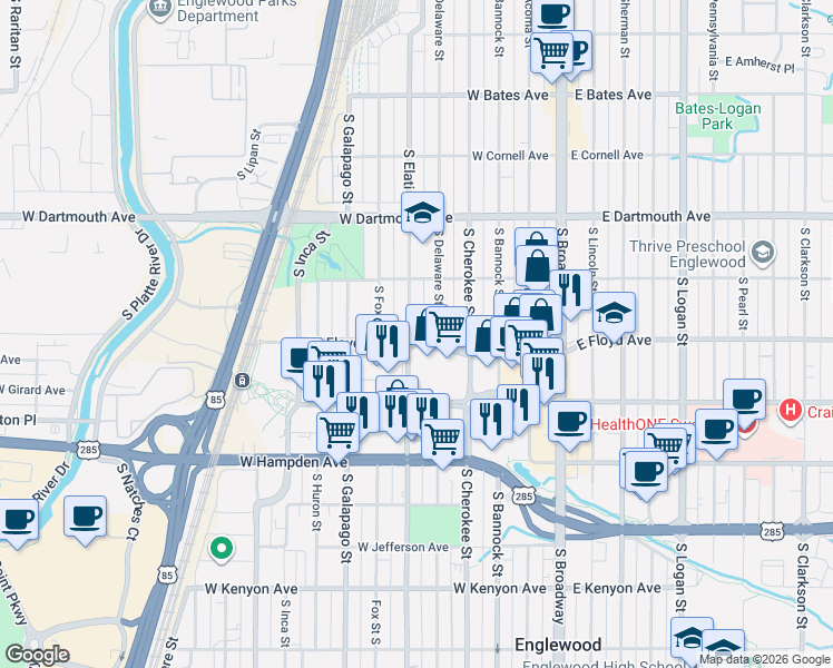 map of restaurants, bars, coffee shops, grocery stores, and more near 3297 South Delaware Street in Englewood