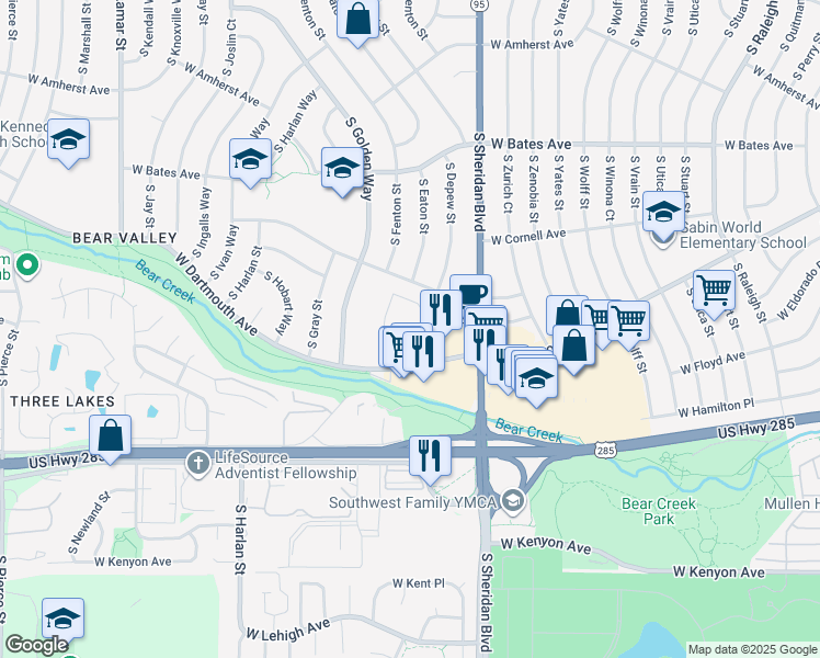 map of restaurants, bars, coffee shops, grocery stores, and more near 5775 West Dartmouth Avenue in Denver