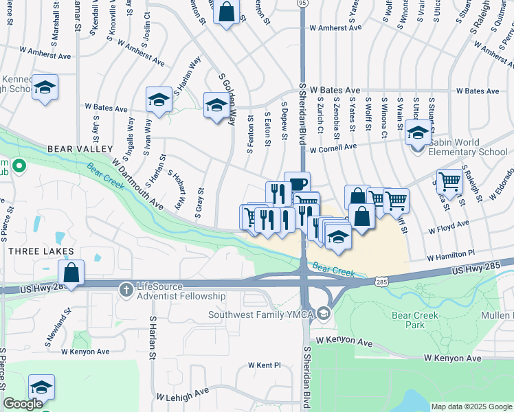 map of restaurants, bars, coffee shops, grocery stores, and more near 5775 West Dartmouth Avenue in Denver