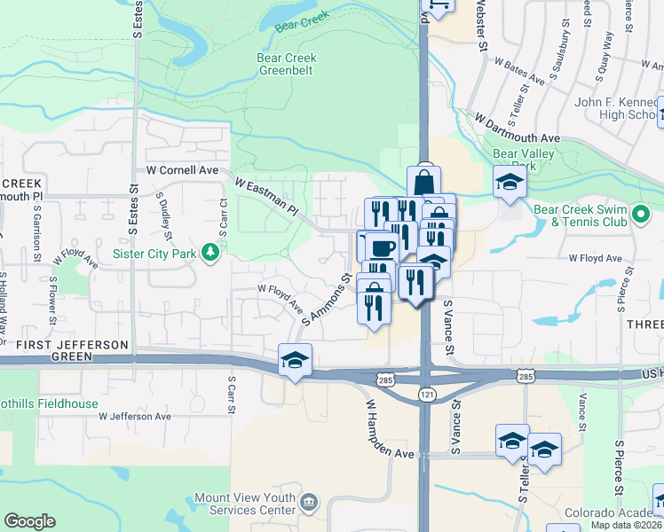 map of restaurants, bars, coffee shops, grocery stores, and more near 3325 South Ammons Street in Lakewood