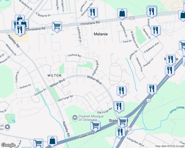 map of restaurants, bars, coffee shops, grocery stores, and more near 1 Highland Boulevard in New Castle