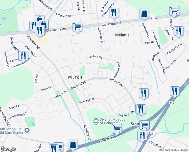 map of restaurants, bars, coffee shops, grocery stores, and more near 20 Clinton Court in New Castle