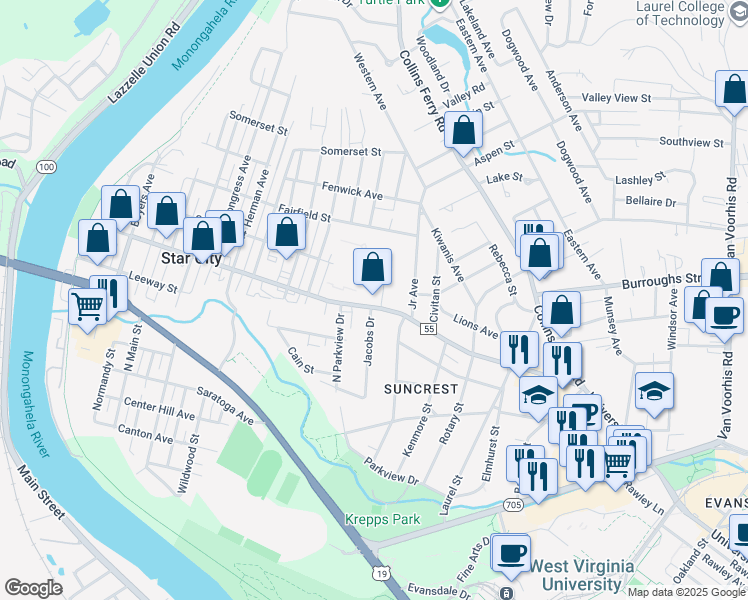 map of restaurants, bars, coffee shops, grocery stores, and more near 3312 University Avenue in Morgantown