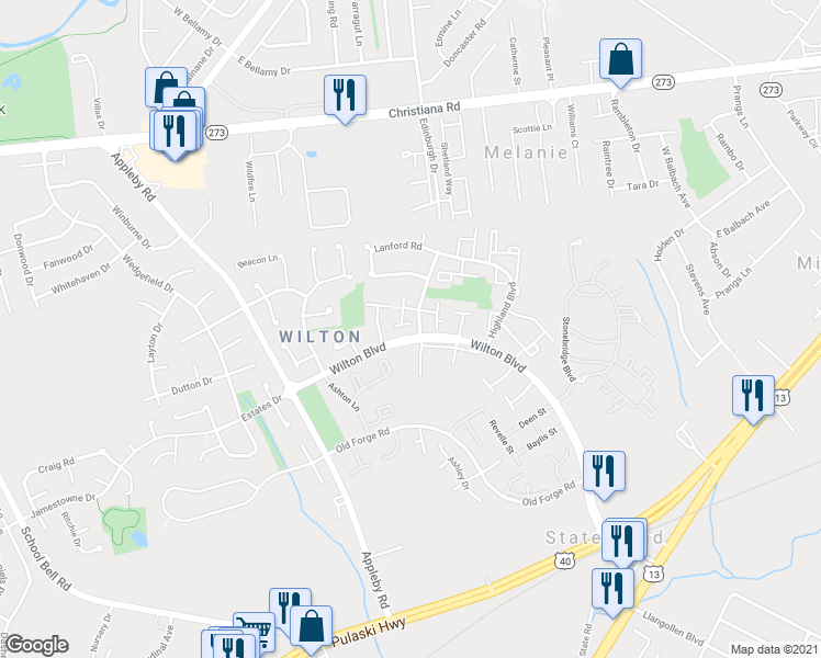 map of restaurants, bars, coffee shops, grocery stores, and more near 19 Clinton Court in New Castle