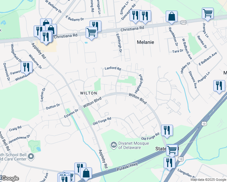 map of restaurants, bars, coffee shops, grocery stores, and more near 19 Clinton Court in New Castle