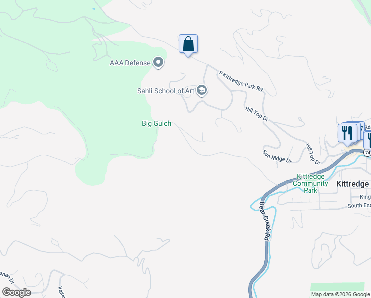 map of restaurants, bars, coffee shops, grocery stores, and more near 27756 Troublesome Gulch Road in Evergreen