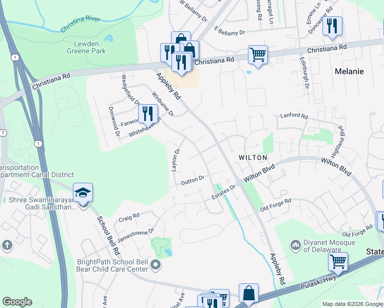 map of restaurants, bars, coffee shops, grocery stores, and more near 102 Griffith Court in New Castle