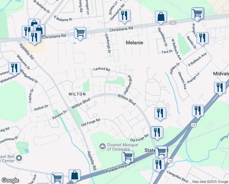 map of restaurants, bars, coffee shops, grocery stores, and more near 27 Andover Ct in New Castle