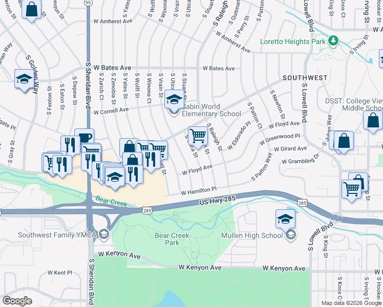 map of restaurants, bars, coffee shops, grocery stores, and more near 3196 South Vrain Street in Denver